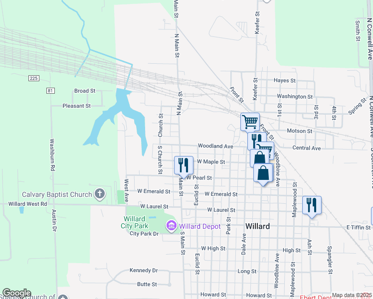 map of restaurants, bars, coffee shops, grocery stores, and more near 419 Woodland Avenue in Willard