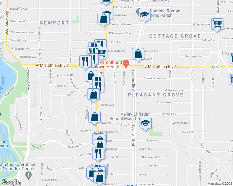 map of restaurants, bars, coffee shops, grocery stores, and more near 4111 Howard Street in Youngstown