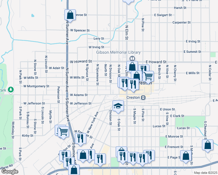 map of restaurants, bars, coffee shops, grocery stores, and more near 500 West Montgomery Street in Creston