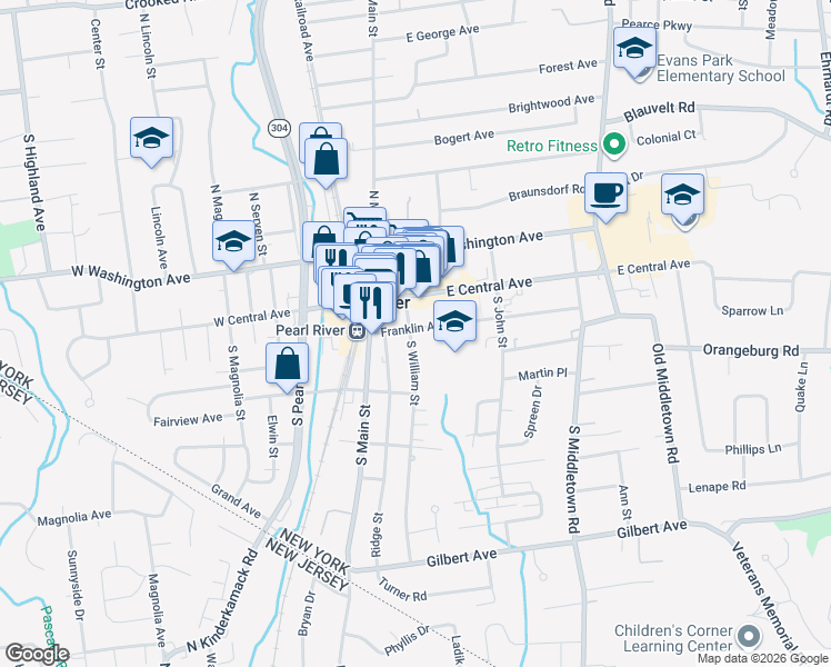 map of restaurants, bars, coffee shops, grocery stores, and more near 22 Franklin Avenue in Pearl River
