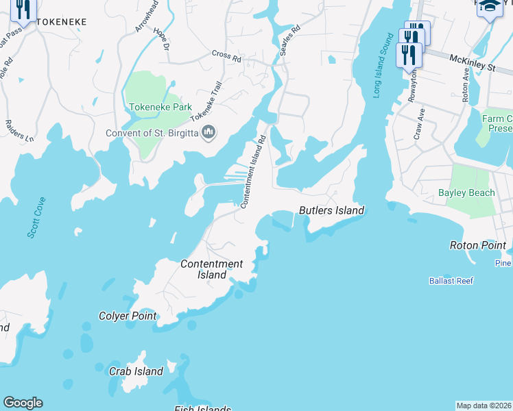 map of restaurants, bars, coffee shops, grocery stores, and more near 1 Tokeneke Beach Drive in Darien