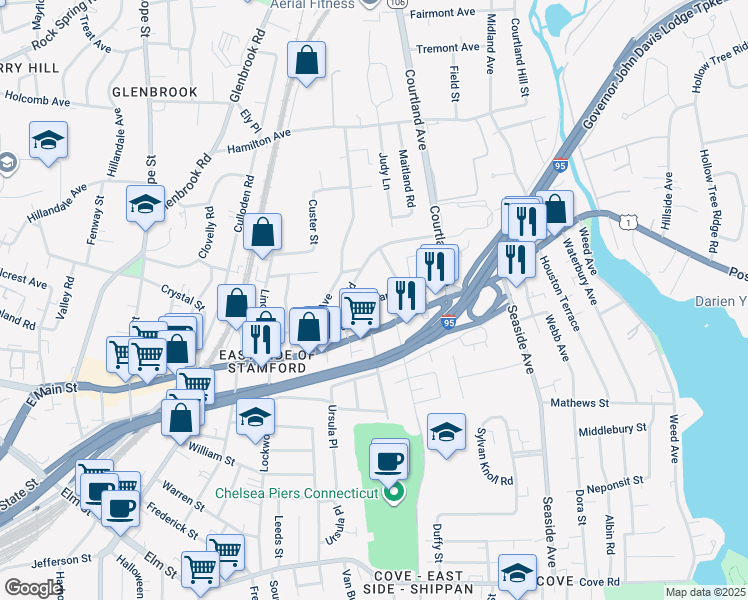 map of restaurants, bars, coffee shops, grocery stores, and more near 29 Standish Road in Stamford