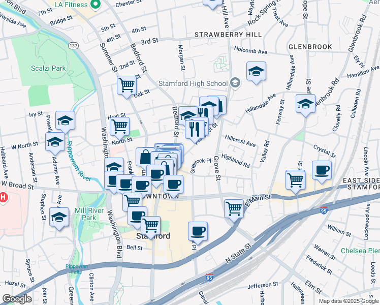 map of restaurants, bars, coffee shops, grocery stores, and more near 77 Prospect Street in Stamford