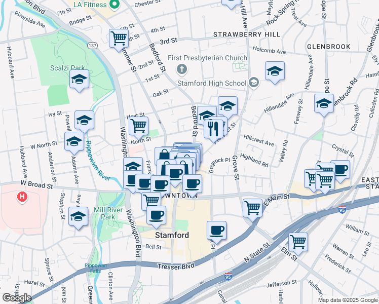 map of restaurants, bars, coffee shops, grocery stores, and more near 289 Bedford Street in Stamford