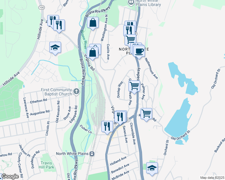map of restaurants, bars, coffee shops, grocery stores, and more near 15 Washington Avenue North in White Plains