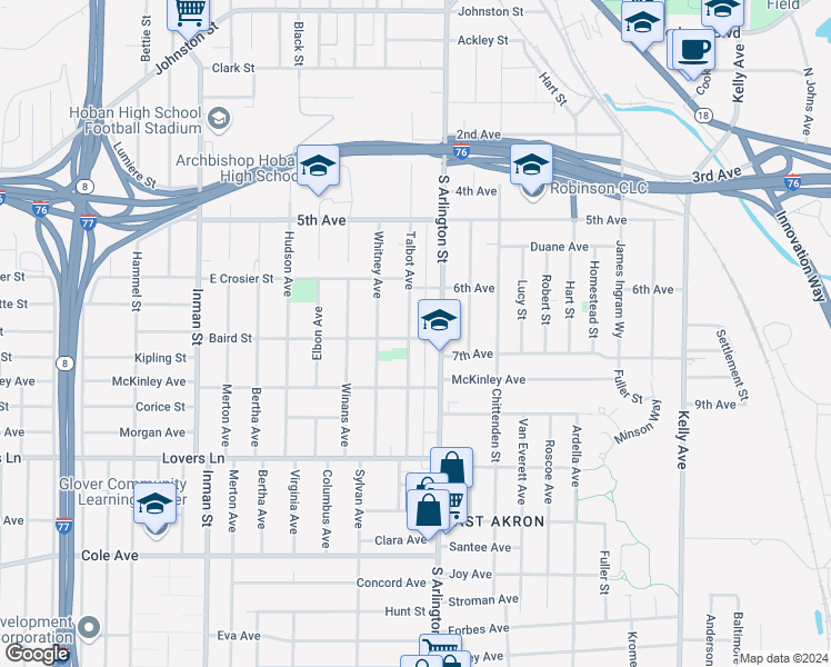 map of restaurants, bars, coffee shops, grocery stores, and more near 519 Talbot Avenue in Akron