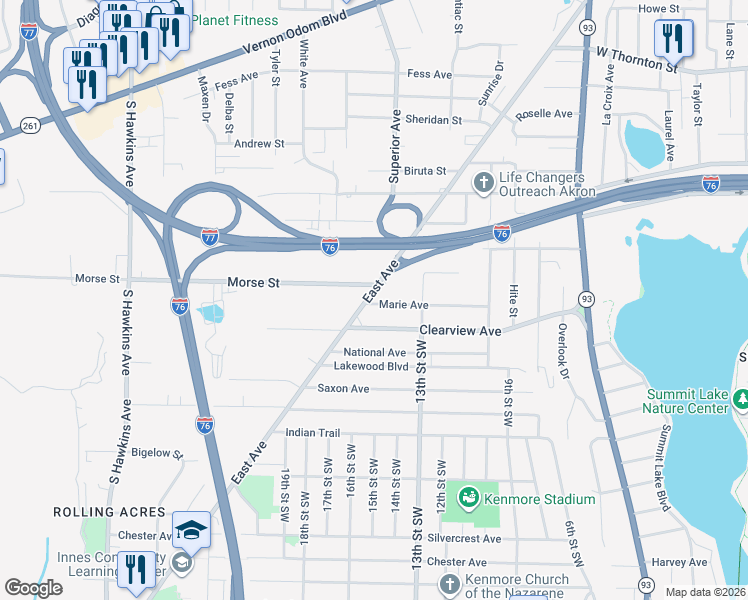 map of restaurants, bars, coffee shops, grocery stores, and more near in Akron