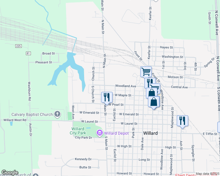 map of restaurants, bars, coffee shops, grocery stores, and more near 419 Woodland Avenue in Willard