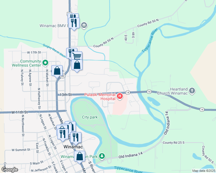 map of restaurants, bars, coffee shops, grocery stores, and more near 660-898 Terrace Drive in Winamac