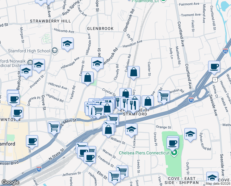 map of restaurants, bars, coffee shops, grocery stores, and more near 5 Peveril Road in Stamford