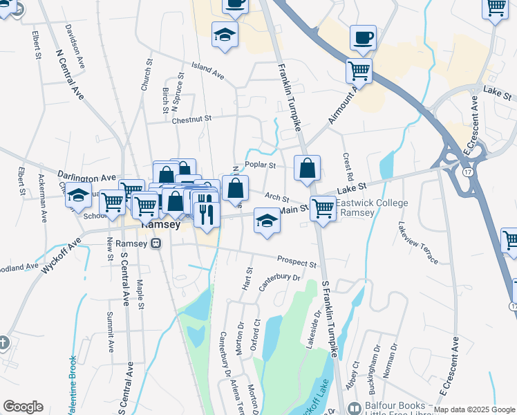 map of restaurants, bars, coffee shops, grocery stores, and more near 213 East Main Street in Ramsey
