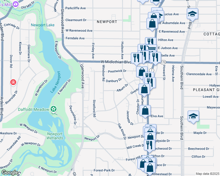 map of restaurants, bars, coffee shops, grocery stores, and more near 172 Alburn Drive in Youngstown