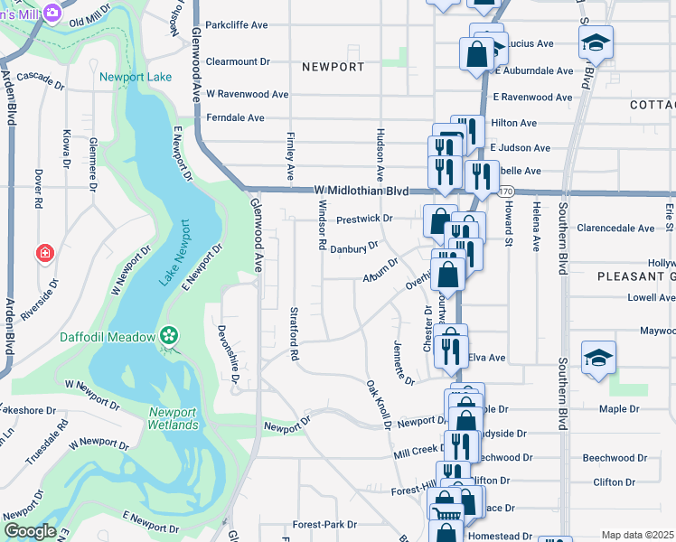 map of restaurants, bars, coffee shops, grocery stores, and more near 172 Alburn Drive in Youngstown