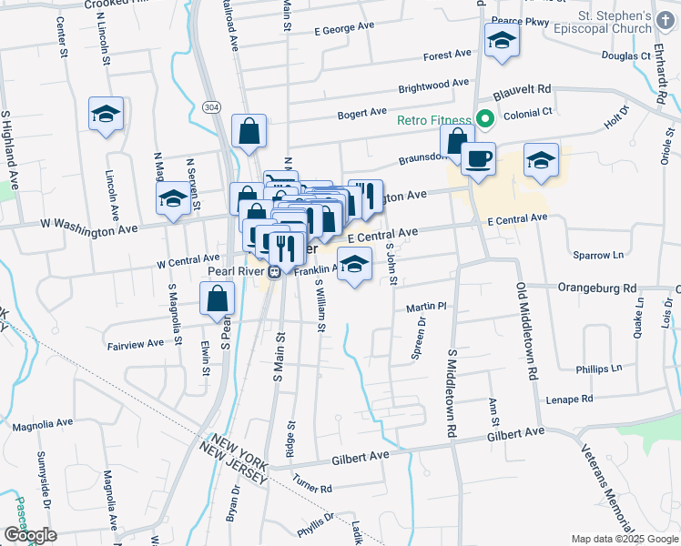 map of restaurants, bars, coffee shops, grocery stores, and more near 50 Franklin Avenue in Pearl River