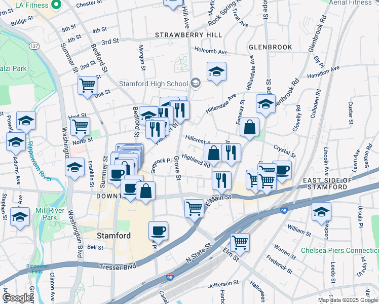 map of restaurants, bars, coffee shops, grocery stores, and more near 18 Highland Road in Stamford