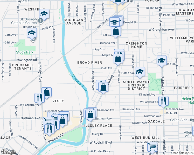 map of restaurants, bars, coffee shops, grocery stores, and more near 1333 Home Avenue in Fort Wayne