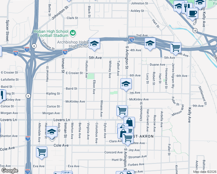 map of restaurants, bars, coffee shops, grocery stores, and more near 518 Whitney Avenue in Akron