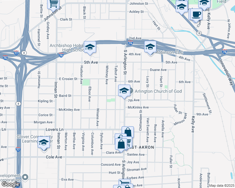 map of restaurants, bars, coffee shops, grocery stores, and more near 519 Talbot Avenue in Akron
