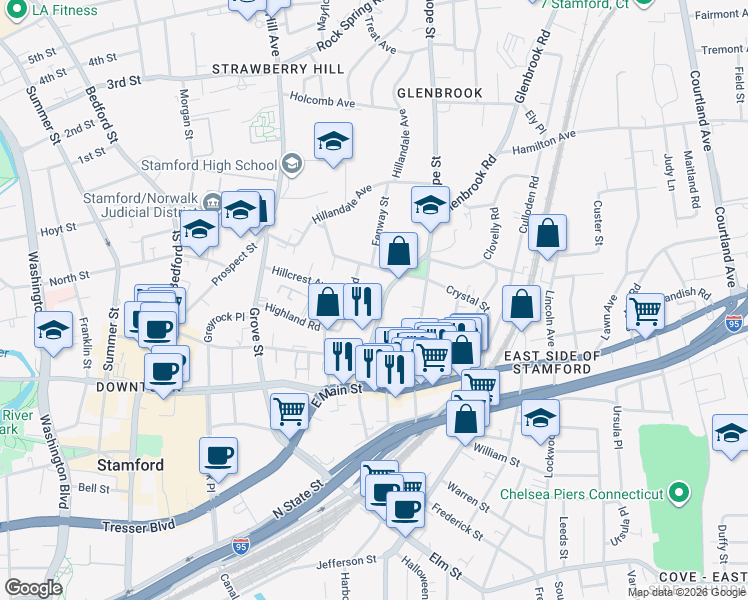 map of restaurants, bars, coffee shops, grocery stores, and more near 66 Glenbrook Road in Stamford