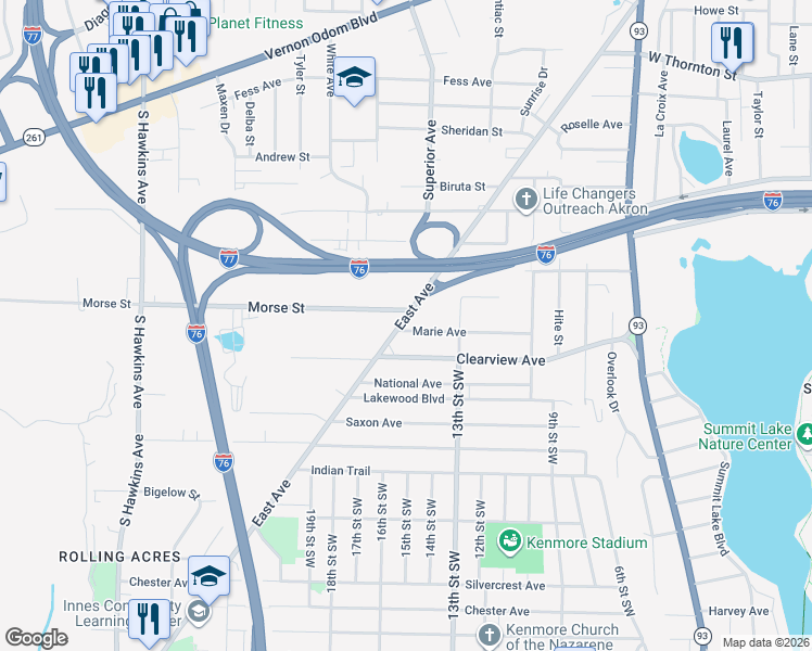 map of restaurants, bars, coffee shops, grocery stores, and more near in Akron