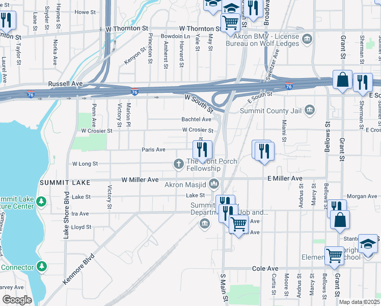 map of restaurants, bars, coffee shops, grocery stores, and more near 54 Paris Ave in Akron