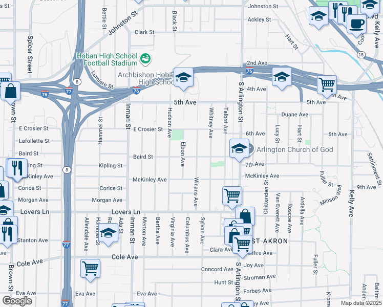 map of restaurants, bars, coffee shops, grocery stores, and more near 935 Baird Street in Akron