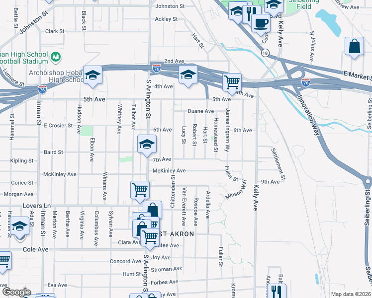 map of restaurants, bars, coffee shops, grocery stores, and more near 517 Lucy Street in Akron