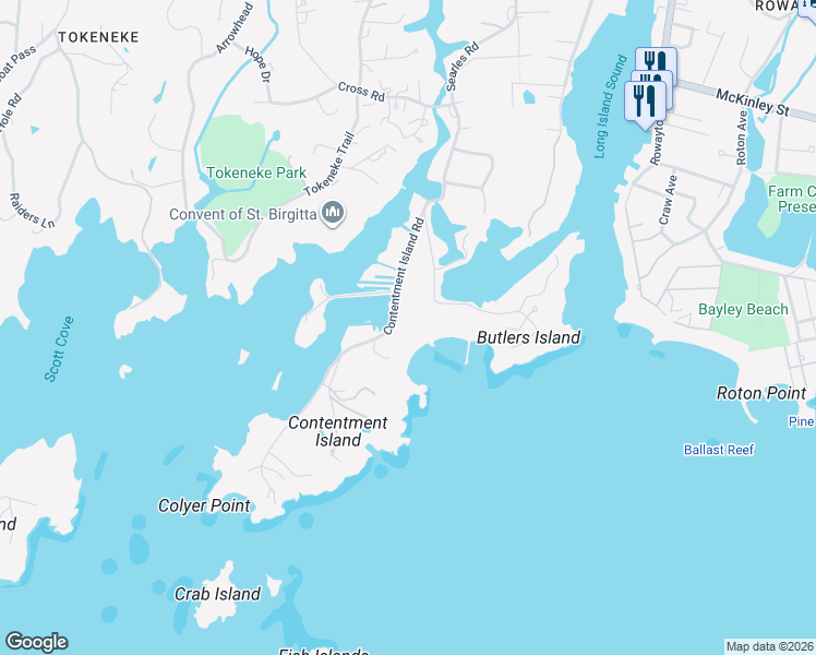 map of restaurants, bars, coffee shops, grocery stores, and more near 1 Tokeneke Beach Drive in Darien