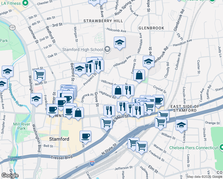 map of restaurants, bars, coffee shops, grocery stores, and more near 8 Terrace Place in Stamford