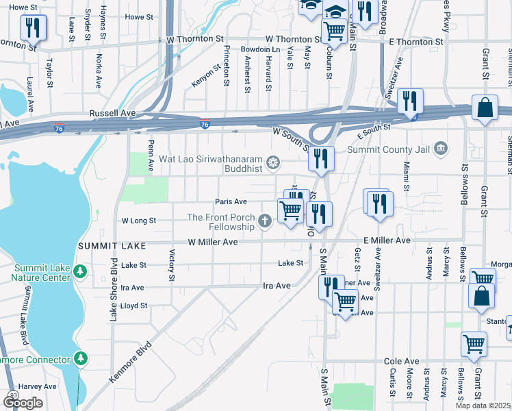 map of restaurants, bars, coffee shops, grocery stores, and more near 96 Paris Avenue in Akron