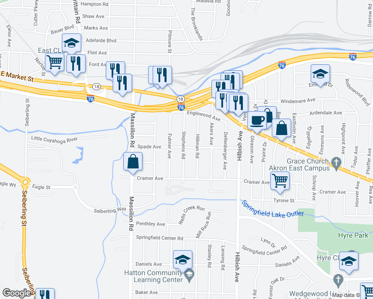 map of restaurants, bars, coffee shops, grocery stores, and more near 121 Stephens Road in Akron