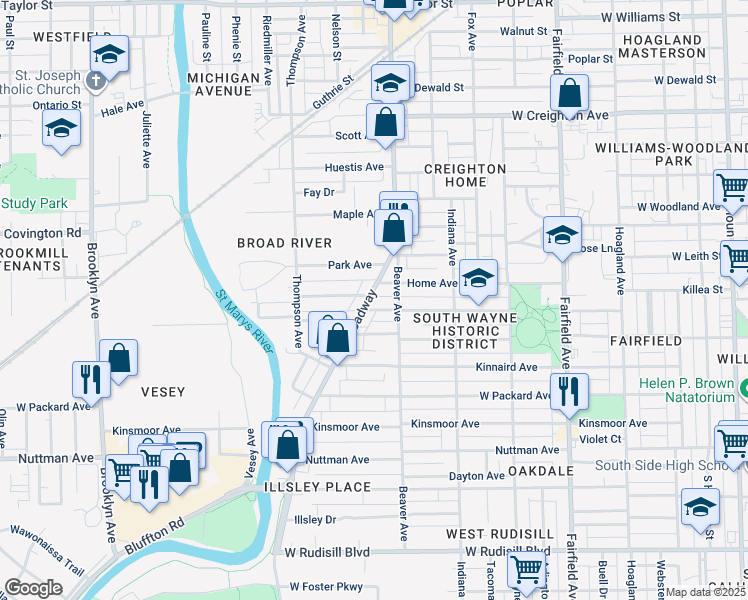 map of restaurants, bars, coffee shops, grocery stores, and more near 2921 Broadway in Fort Wayne