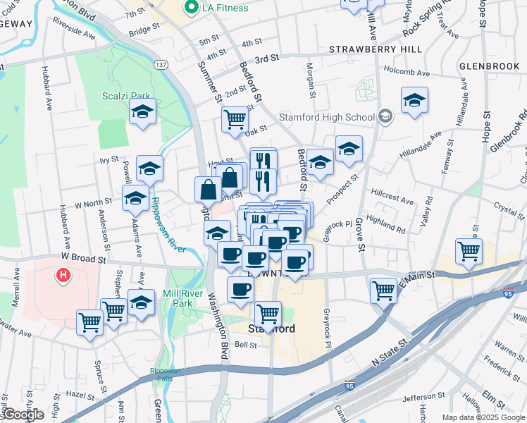 map of restaurants, bars, coffee shops, grocery stores, and more near 707 Summer Street in Stamford