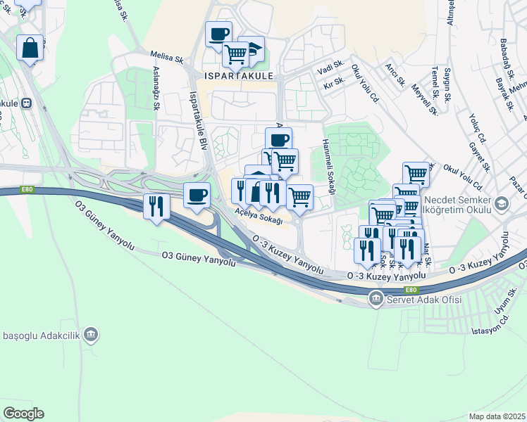map of restaurants, bars, coffee shops, grocery stores, and more near 4 Açelya Sokağı in Avcılar