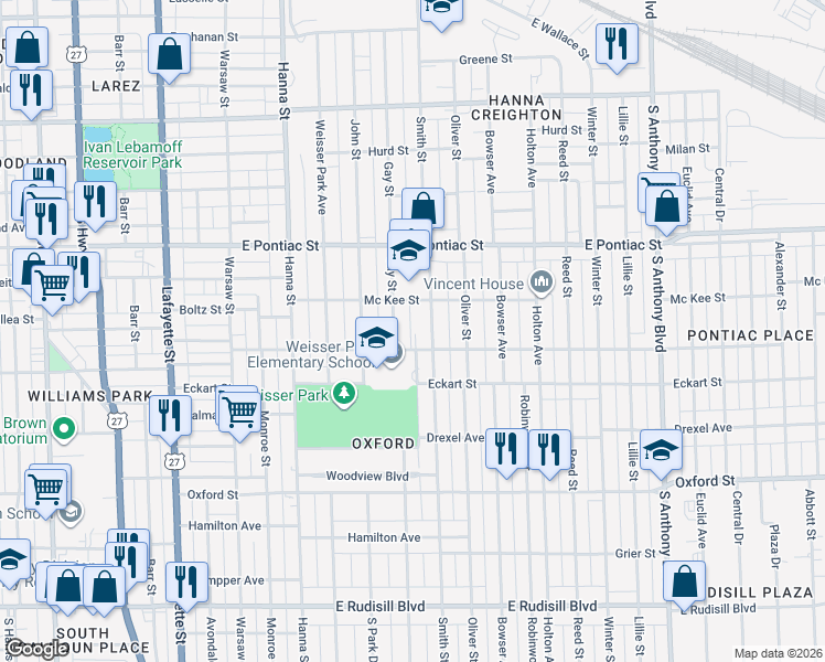 map of restaurants, bars, coffee shops, grocery stores, and more near 1019 Colerick Street in Fort Wayne