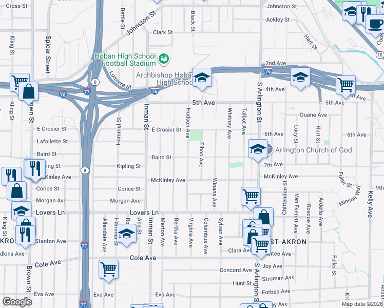map of restaurants, bars, coffee shops, grocery stores, and more near 895 Baird Street in Akron
