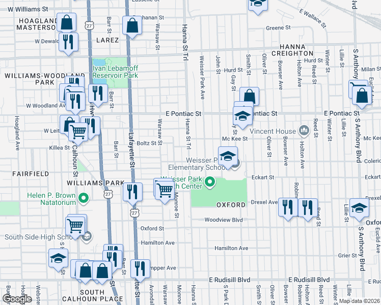 map of restaurants, bars, coffee shops, grocery stores, and more near 2929 South Hanna Street in Fort Wayne