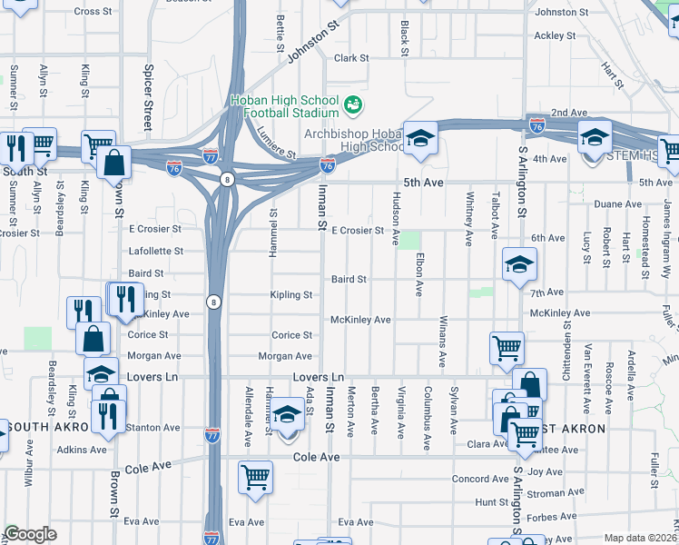 map of restaurants, bars, coffee shops, grocery stores, and more near 811 Baird Street in Akron