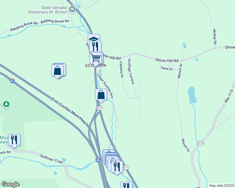 map of restaurants, bars, coffee shops, grocery stores, and more near 186 Lower Scotrun Avenue in Monroe County