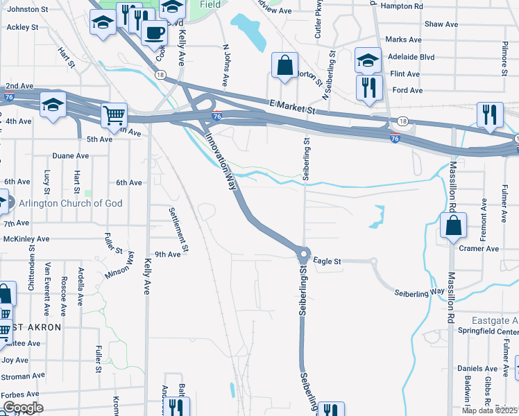 map of restaurants, bars, coffee shops, grocery stores, and more near 277 South Martha Avenue in Akron