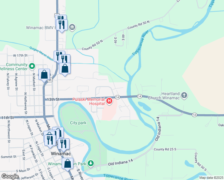 map of restaurants, bars, coffee shops, grocery stores, and more near 660 Terrace Drive in Winamac