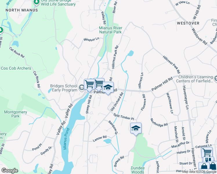map of restaurants, bars, coffee shops, grocery stores, and more near 500 River Road in Greenwich
