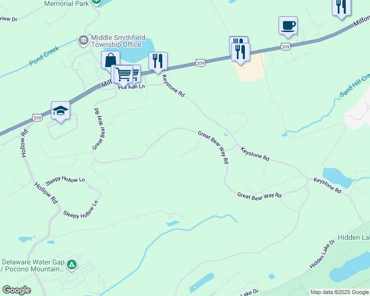 map of restaurants, bars, coffee shops, grocery stores, and more near 77 Mountainview Place in East Stroudsburg