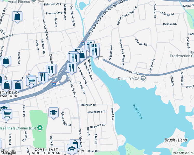 map of restaurants, bars, coffee shops, grocery stores, and more near 10 Birch Street in Stamford