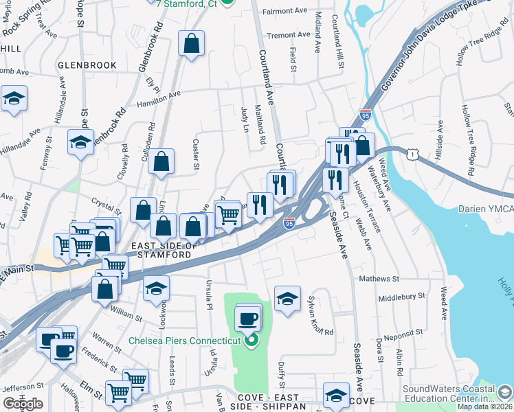 map of restaurants, bars, coffee shops, grocery stores, and more near 1106 East Main Street in Stamford