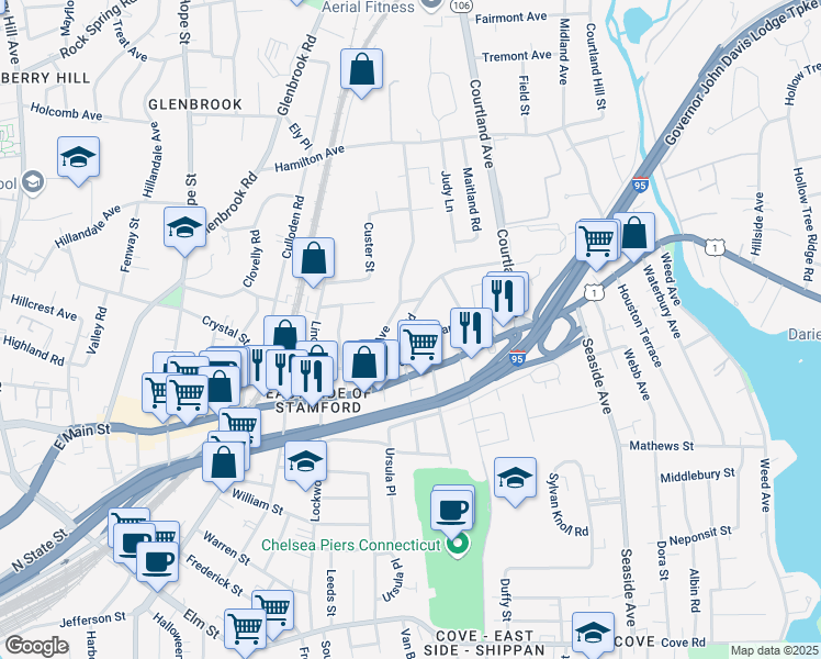 map of restaurants, bars, coffee shops, grocery stores, and more near 73 Seaton Road in Stamford