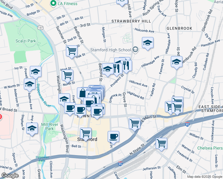 map of restaurants, bars, coffee shops, grocery stores, and more near 77 Prospect Street in Stamford