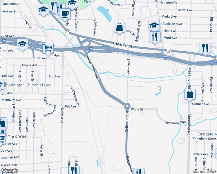 map of restaurants, bars, coffee shops, grocery stores, and more near 277 South Martha Avenue in Akron
