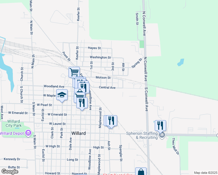 map of restaurants, bars, coffee shops, grocery stores, and more near 225 Central Avenue in Willard