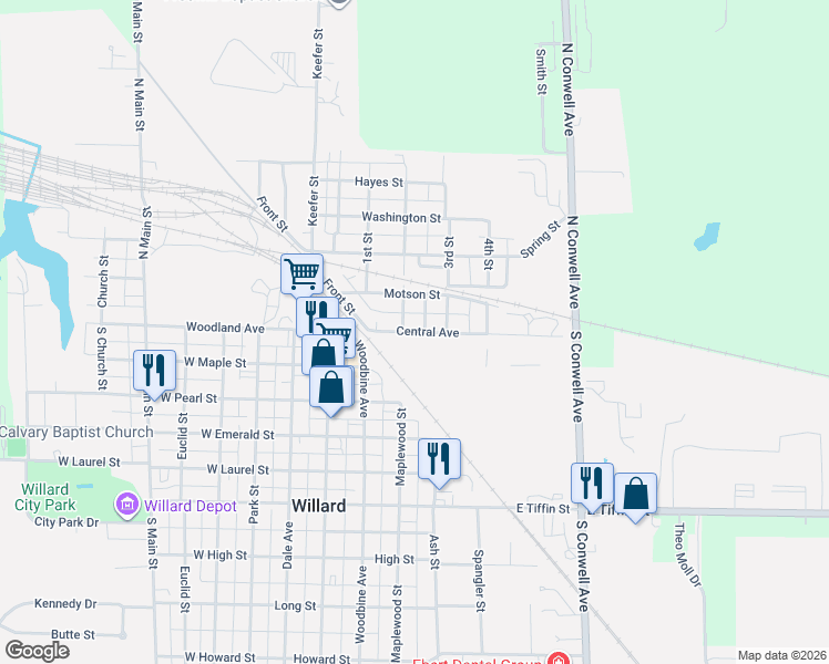 map of restaurants, bars, coffee shops, grocery stores, and more near 225 Central Avenue in Willard